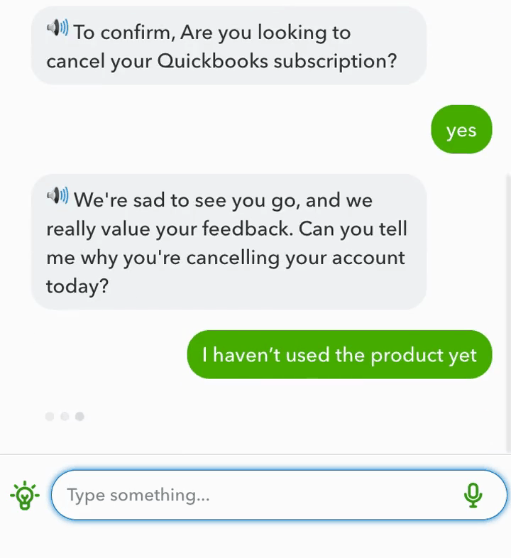 Chat frame: the assistant confirms the customer wants to cancel, asks why, and the customer answers they have not used the product yet