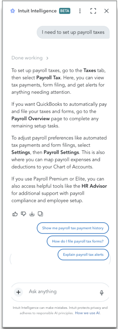 Real Intuit Intelligence screenshot: asked to set up payroll taxes, the assistant answers with navigation to the Taxes tab, the Payroll Overview page, and Payroll Settings, without reading the account