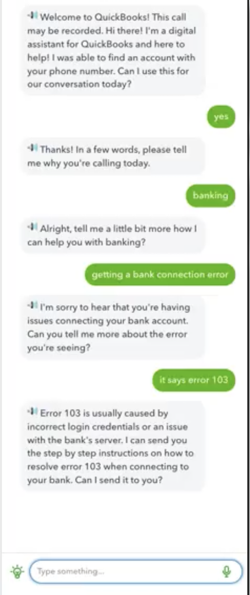 QuickBooks voice assistant transcript showing a customer clarifying a connection error before receiving a targeted spoken answer